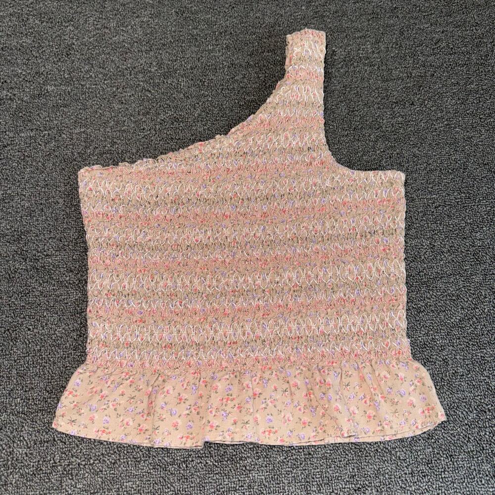 American Eagle Smocked One Shoulder Top Ruffled Hem Women's XS Boho Preppy